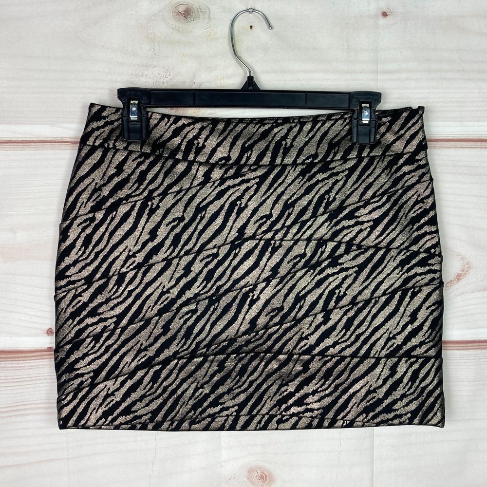 Express Skirt Womens 6 Black Gold Zebra Print A-Line Mini Pull On Bodycon Knit